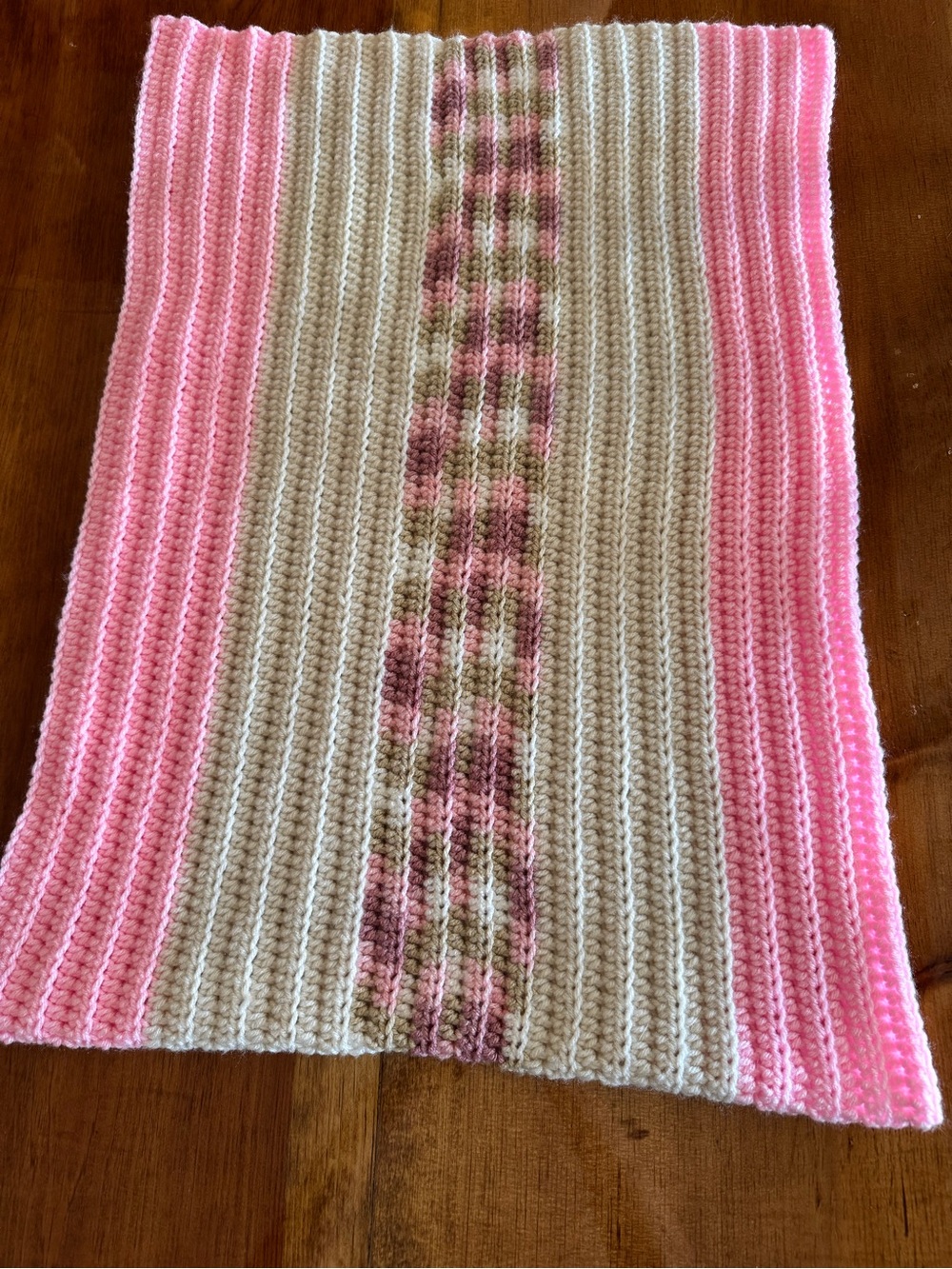 Crochet Afghan Handmade Vintage Lap Throw Baby Blanket Pink White 54”x20” Stripe